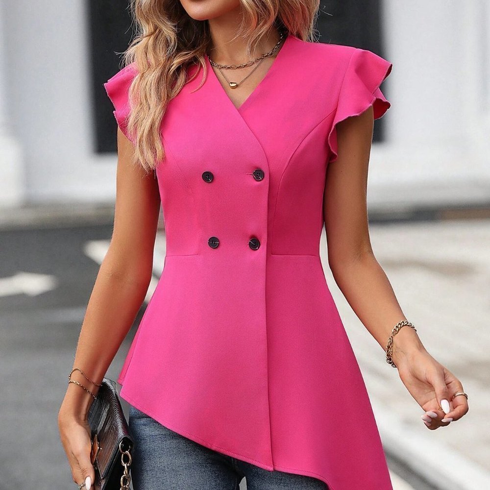 Ruffle Trim Double Breasted Asymmetrical Hem Blazer Hot Pink - Picture 1 of 5